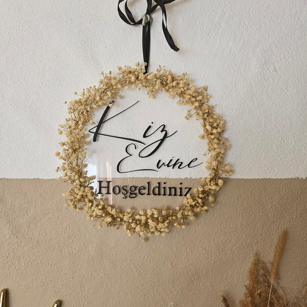 Kiz evine hosgeldiniz door sign gypsophila welcome disc wedding isteme bridal decoration door decoration welcome dried flowers plexiglass disc