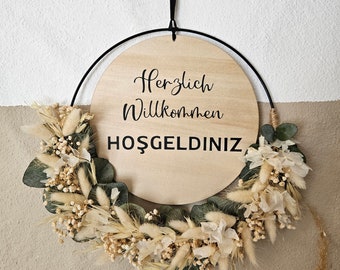 Personalisierter Trockenblumenkranz Flowerhoop Eukalyptus Holzscheibe Geschenk Eventdeko Dekoration Haustürkranz Haustürdeko Türkranz Kranz