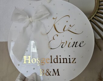 Kiz isteme Dekoration | Kiz evine hosgeldiniz  | Brautdekoration mit Perlen |  Brautabholung Schild | Stoffschleife weiß