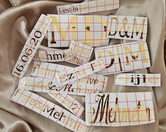 Personalized vinyl stickers | Custom text in 5-30 cm | DIY stickers for weddings, engagements or gifts | Gold, black, white |