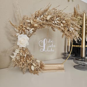 Boho dried flower wreath standing | Personalized acrylic disc | Flower hoop | Wedding gift | Birthday | Metal ring decoration | Beige white