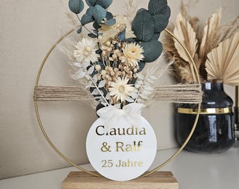 Complete dried flower wreath, money gift | Beige Boho | Metal ring decoration | Flower hoop with base | Wedding gift | Eucalyptus wreath | Birthday