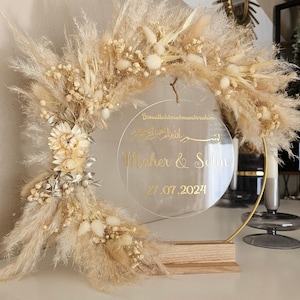 Boho white beige standing dried flower wreath | Personalized acrylic disc | Flower hoop | Wedding gift | Engagement decoration | Metal ring decoration