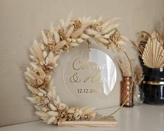 Trockenblumenkranz boho mit Acrylscheibe personalisiert | Flower Hoop | Hochzeitsgeschenk | Geburtstag | Metallringdeko | Beige weiß