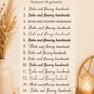 May include: A font selection chart featuring the German text 'W&auml;hle eine Schriftart f&uuml;r die Hauptw&ouml;rter' followed by seventeen numbered lines of the phrase 'Boho and flowery handmade' in various typographic styles, including script and block fonts.