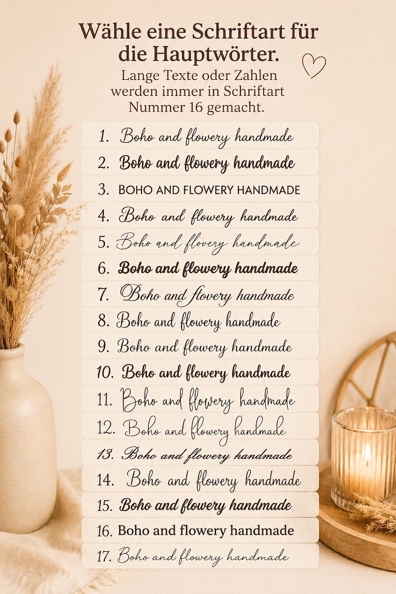 May include: A font selection chart featuring the German text 'W&auml;hle eine Schriftart f&uuml;r die Hauptw&ouml;rter' followed by seventeen numbered lines of the phrase 'Boho and flowery handmade' in various typographic styles, including script and block fonts.