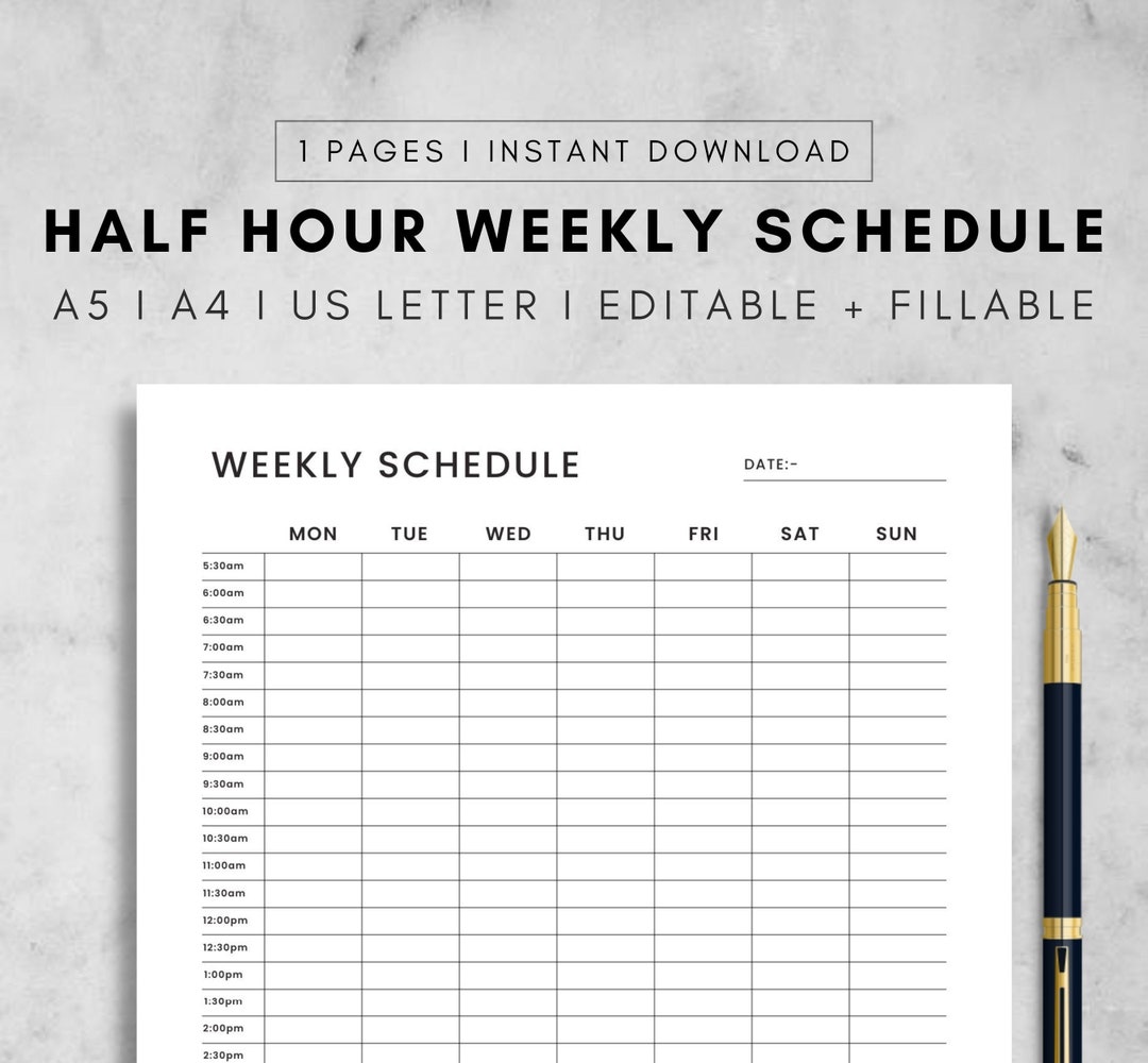 Half Hour Weekly Schedule Weekly Planner Printable Week at a - Etsy