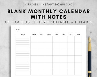 Blank Monthly Calendar Landscape Template Printable Calendar - Etsy