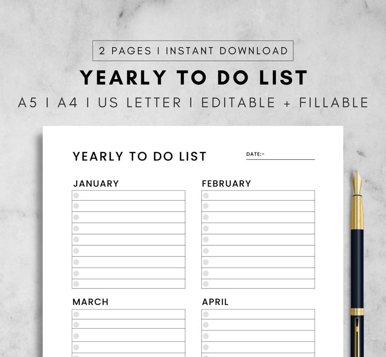 Yearly to do list printable yearly task list minimalist etsy