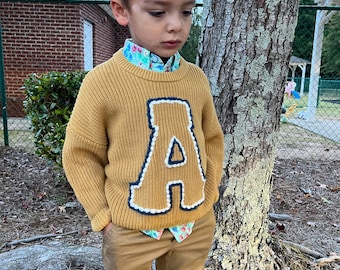 Toddler Kids Hand Embroidered Varsity Knit Sweater, Football Team Sweater, Boy Girl Personalized Sweater, Unique Gifts, Birthday Gifts