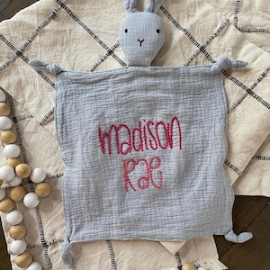 Hand Embroidered Animal Lovey, Security Blanket, Newborn Gift, Custom Name Lovey, Cotton Lovey, Unique Gifts, Baby Gifts image 2