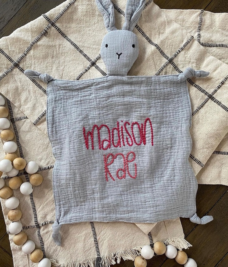 Hand Embroidered Animal Lovey, Security Blanket, Newborn Gift, Custom Name Lovey, Cotton Lovey, Unique Gifts, Baby Gifts image 2