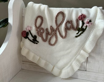 Hand Embroidered Knit Toddler Blanket, Personalized Baby Blanket Baby Gift, Unique Gift, Custom Name Blanket for Babies