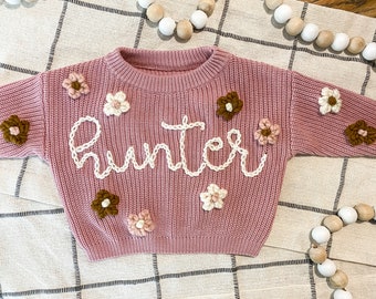 Toddler Hand Embroidered Knit Sweater with Designs, Kids Custom Knit Sweater, Baby Name Sweater, Personalized Knit Sweater, Birthday Gift