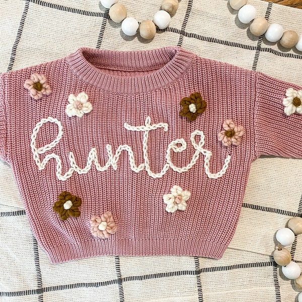 Toddler Hand Embroidered Knit Sweater with Designs, Kids Custom Knit Sweater, Baby Name Sweater, Personalized Knit Sweater, Birthday Gift