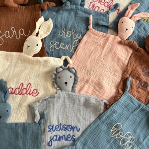 Hand Embroidered Animal Lovey, Security Blanket, Newborn Gift, Custom Name Lovey, Cotton Lovey, Unique Gifts, Baby Gifts image 3