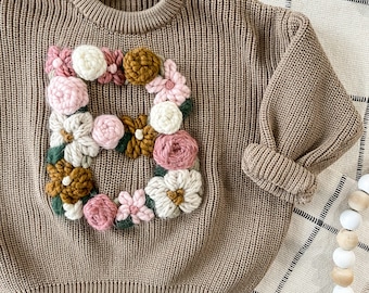 Baby Kids Hand Embroidered Floral Initial Sweater, Children Custom Sweater, Girls Boys Embroidered Sweater, Unique Giftsm Birthday Gifts