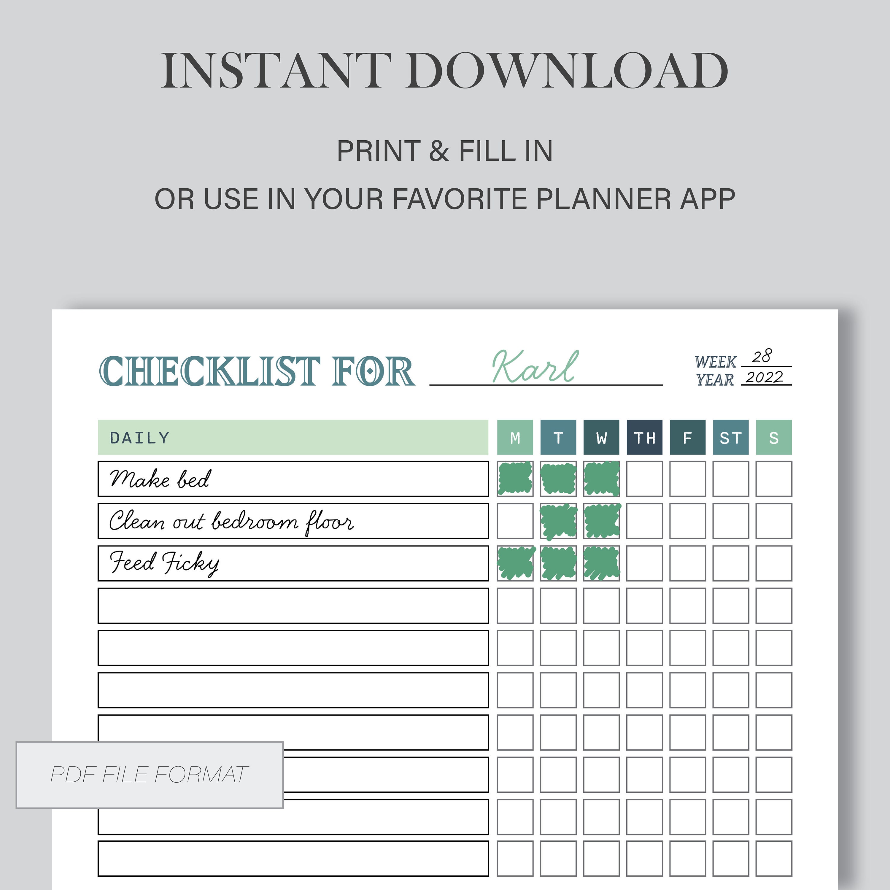 Printable Chore Checklist for Kids &amp; Adults, 3 Designs, Responsibility ...