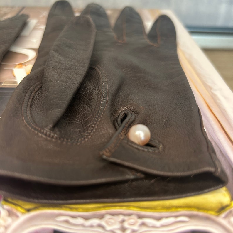 Gants Vintage En Cuir Brun Doublés Fourrure Lapin Taupe - Taille S/M, Très Chauds - Occasion Excellent état