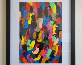 A4 kleurrijk, abstract, jungle-geïnspireerd acrylschilderij in een A3-formaat lijst.