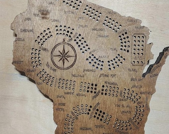 Wisconsin Shape Cribbage board with Card and Peg holder