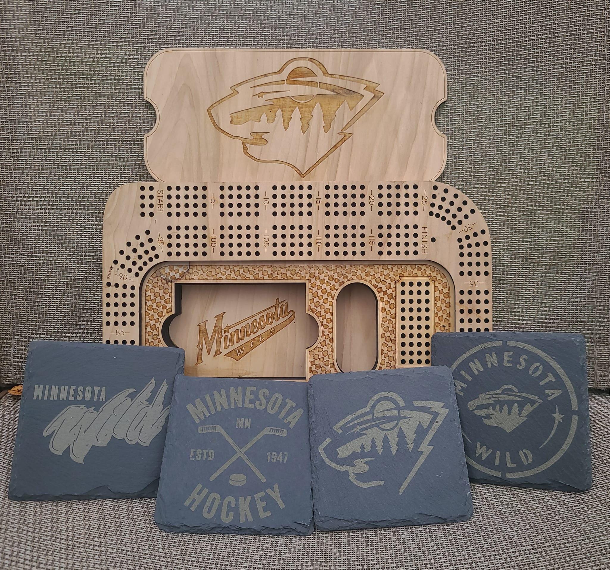 Minnesota Wild Cribbage board & Coaster Set