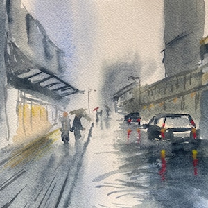 Original watercolour painting, “Rainy Day in the City,” 9x12 on arches cold press 140lb paper.