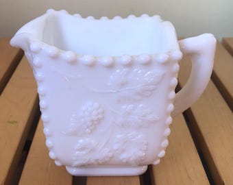 Square Milk Glass Jug with Grapes & Vine Decoration by Westmoreland Glass Company