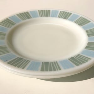 Matchmaker Pattern in Sage Green and Sky Blue on White Pyrex Dinner Plate by J A Joblings, JA4J