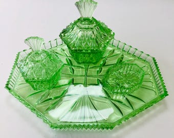 Art Deco Green Glass Dressing Table Tray Set by Reich, Czechoslovakia, no. 8998