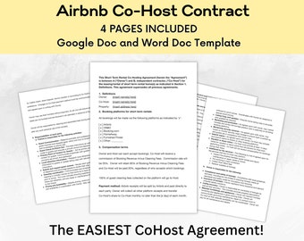 Pode incluir: Um documento intitulado "Airbnb Co-Host Contract" com o texto "4 Pages Included" e "Google Doc and Word Doc Template" em um fundo amarelo e branco. O documento é um acordo de co-hospedagem de aluguel de curto prazo entre um proprietário e um co-host.