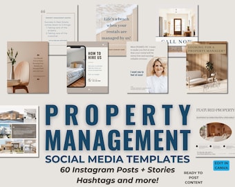 May include: A collage of images promoting property management services. The images feature a variety of homes, a woman, and text that says "Property Management", "Social Media Templates", "60 Instagram Posts + Stories", "Hashtags and more!" and "Call Now".
