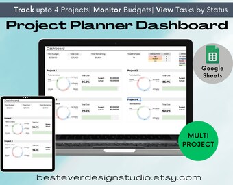 May include: A computer screen displaying a Google Sheets project planner dashboard with a title that reads "Project Planner Dashboard". The dashboard is designed to track up to four projects, monitor budgets, and view tasks by status. The dashboard includes a pie chart for each project, showing the percentage of tasks completed, in progress, and not started. The dashboard also includes a table with information about the total budget, total cost, and total remaining for each project. The dashboard is designed to be used with Google Sheets.