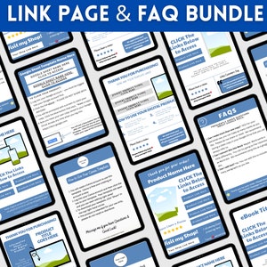 May include: A collection of digital product mockups on tablet screens. The mockups feature blue and white color schemes with text that says "Click the links below to access". The mockups are for a link page and FAQ bundle.