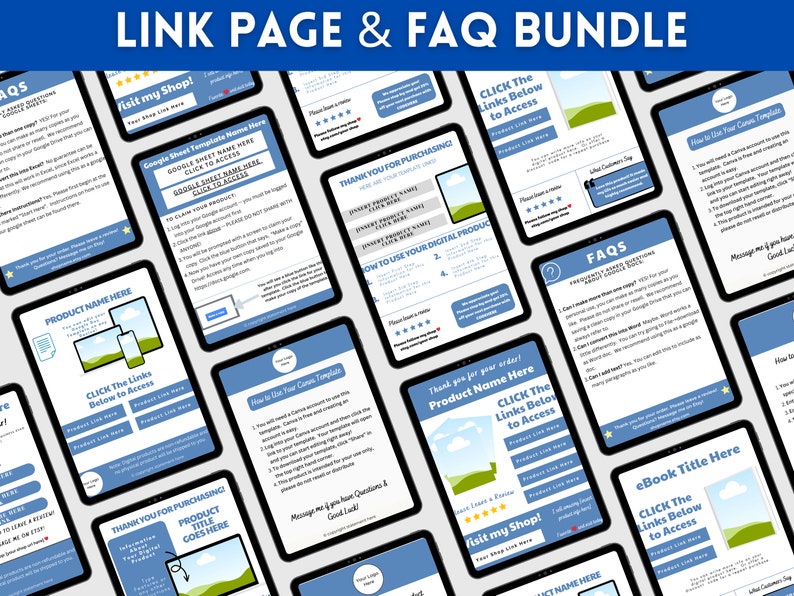May include: A collection of digital product mockups on tablet screens. The mockups feature blue and white color schemes with text that says "Click the links below to access". The mockups are for a link page and FAQ bundle.