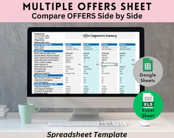 Multiple Offer Spreadsheet for Excel & Google Sheets | Multiple Offer Summary Sheet Template | Side by Side Comparison Offer Worksheet