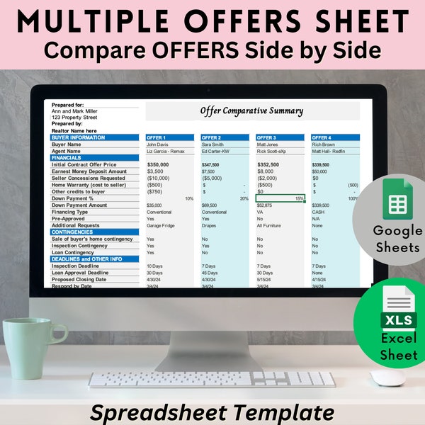 Multiple Offer Spreadsheet for Excel & Google Sheets | Multiple Offer Summary Sheet Template | Side by Side Comparison Offer Worksheet