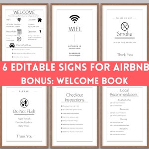 Airbnb Sign Bundle BONUS Welcome BOOK| Znak powitalny, Wi-Fi, Nie spuszczać w toalecie, Zakaz palenia, Instrukcje dotyczące wymeldowania, Szablon Canva na Airbnb Signage