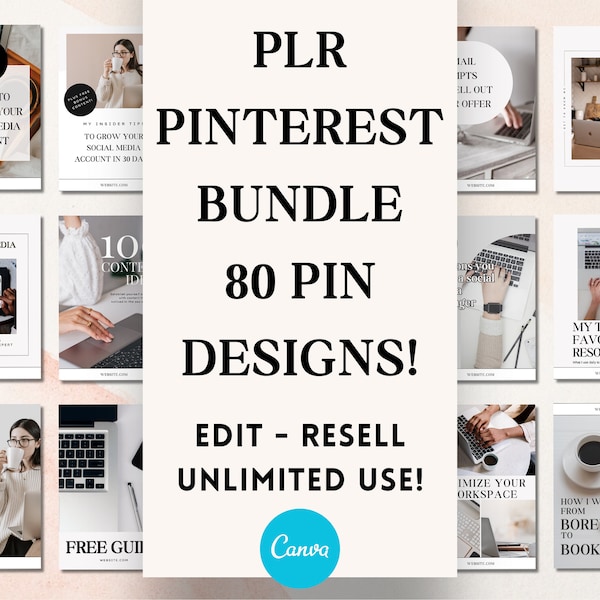 Bundle d'épingles Pinterest DPP pour les blogueurs, les marques et les créateurs de contenu | Lot de 80 modèles PLR Pinterest Canva accrocheurs avec droits de revente