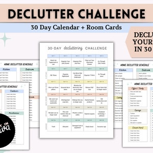 Peut inclure: Un calendrier imprimable de 30 jours pour un défi de désencombrement avec des cartes de pièces. Le calendrier est divisé en 30 jours avec des tâches pour chaque jour. Les cartes de pièces sont pour la cuisine, la chambre à coucher, le bureau/l'étude, l'extérieur, le garage et les articles divers. Le calendrier et les cartes de pièces sont dans un schéma de couleurs pastel avec une palette de couleurs bleu clair, rose et jaune.