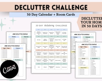 Könnte beinhalten: Ein druckbarer 30-Tage-Entrümpelungs-Kalender mit Raumkarten. Der Kalender ist in 30 Tage unterteilt, mit Aufgaben für jeden Tag. Die Raumkarten sind für Küche, Schlafzimmer, Büro/Arbeitszimmer, Außenbereich, Garage und diverse Gegenstände. Der Kalender und die Raumkarten sind in einem Pastellfarbenschema mit einer hellblauen, rosa und gelben Farbpalette gehalten.