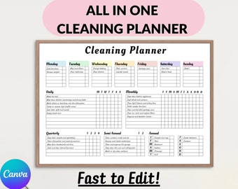 May include: A framed cleaning planner with a white background and colorful headings for each day of the week. The planner includes daily, monthly, quarterly, semi-annual, and annual cleaning tasks. Text at the top reads "ALL IN ONE CLEANING PLANNER".