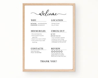 May include: A printable welcome sign for guests with information about WiFi, location, house rules, check out instructions, contact information, and a review section. The sign has a black and white color scheme and a simple design.