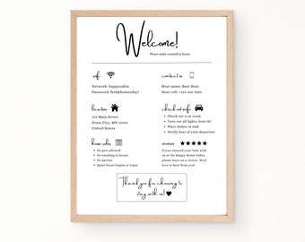 Placa de boas-vindas para anfitriões do Airbnb | Imprimível para aluguel de temporada | Cartaz de chegada de hóspedes | Modelo para VRBO | Regras da casa Wi-Fi