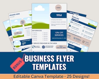 Puede incluir: Una plantilla de folleto de negocios azul y blanco con el texto "Business Flyer Templates" y "Editable Canva Template - 25 Designs!" El folleto tiene un fondo azul con una nube blanca y colinas verdes en el fondo. El folleto tiene una variedad de texto e imágenes, incluyendo un logotipo, un título, una oferta especial y una llamada a la acción.