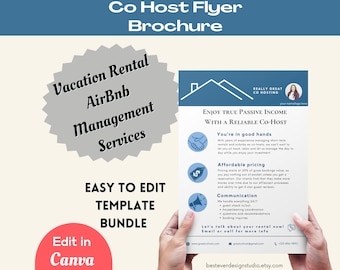 Pode incluir: Um folheto para um serviço de co-hospedagem para aluguéis de férias e Airbnb. O folheto é branco com um cabeçalho azul que diz "Co Host Flyer Brochure". O folheto tem um brilho de estrela cinza com o texto "Vacation Rental AirBnb Management Services" e um círculo vermelho com o texto "Edit in Canva". O folheto também tem um retângulo branco com o texto "EASY TO EDIT TEMPLATE BUNDLE" e um retângulo branco com o texto "REALLY GREAT CO HOSTING" e uma foto de uma mulher. O folheto também tem o texto "Enjoy True Passive Income With A Reliable Co-Host" e "You're in good hands" e "Affordable pricing" e "Communication". O folheto também tem o texto "Let's talk about your rental now! Email or call for more info" e o endereço do site "www.greatcohost.com" e o endereço de e-mail "greatcohost@gmail.com" e o número de telefone "-123-456-7890" e o endereço do site "besteverdesignstudio.etsy.com".