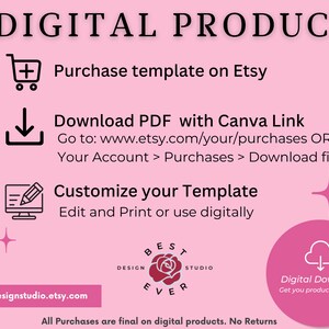 May include: Pink background with white text that reads "DIGITAL PRODUCT".  A shopping cart icon, a download icon, and a computer monitor icon with a pencil are shown with instructions on how to purchase, download, and customize a digital product.  The text "BEST DESIGN EVER STUDIO" is shown in a pink circle with a red rose.  The text "Digital Download Get you product instantly!" is shown in a pink cloud.