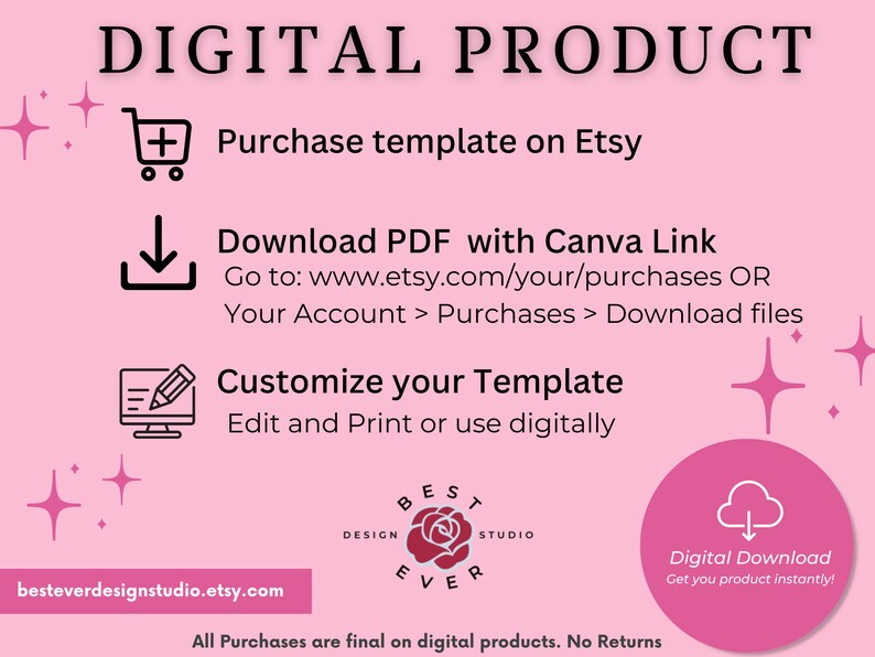 May include: Pink background with white text that reads "DIGITAL PRODUCT".  A shopping cart icon, a download icon, and a computer monitor icon with a pencil are shown with instructions on how to purchase, download, and customize a digital product.  The text "BEST DESIGN EVER STUDIO" is shown in a pink circle with a red rose.  The text "Digital Download Get you product instantly!" is shown in a pink cloud.
