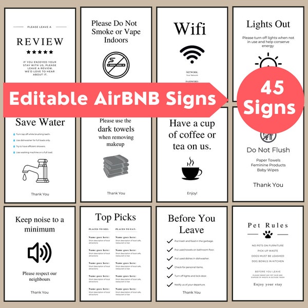 45 + Airbnb Sign Bundle | Airbnb Signage | Vacation Rental Signs | Guest Check Out List, House Rules, Wifi Sign Template