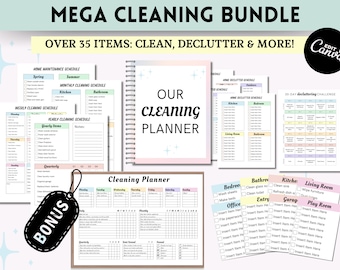 MEGA Cleaning Planner Bundle, Editable Cleaning Schedule, Printable Household Chore Checklist, Declutter Canva Printable